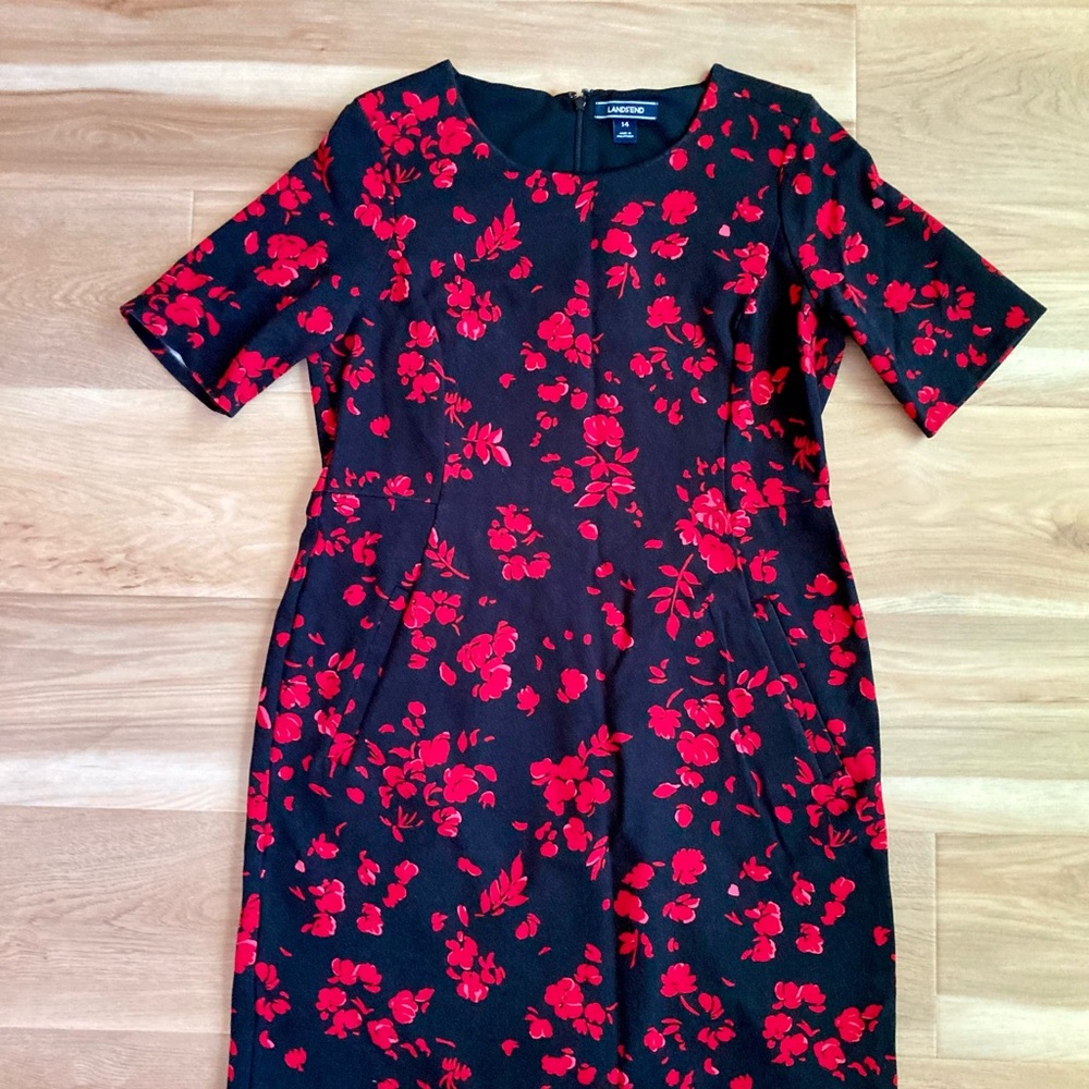 Lands' End Ponte Black Dress with Red Floral Design size 14